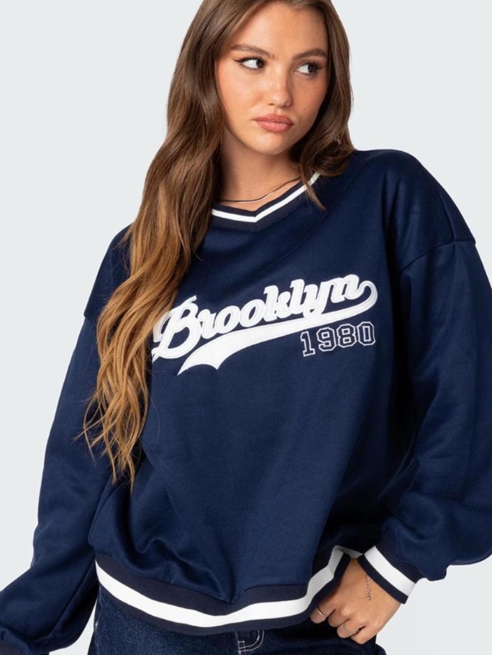 Edikted Brooklyn 1980 Navy V-Neck Pullover Sweater